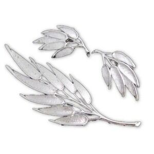 Designer Signed Judy Lee Vintage Silver Plated Leaf Floral Pin Earrings Set